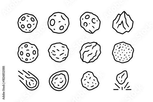 Space Rocks Icons. Space rocks. Line icon set of space rocks: meteorite, asteroid, small rocky body, jagged rock, cratered stone, floating rock, cosmic