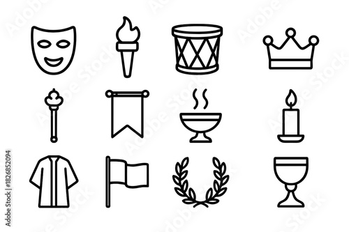 Cultural Icon Set. Cultural Ceremonies. Line icon set of Cultural Ceremonies: mask, torch, drum, crown, scepter, banner, incense, candle, ceremonial robe,