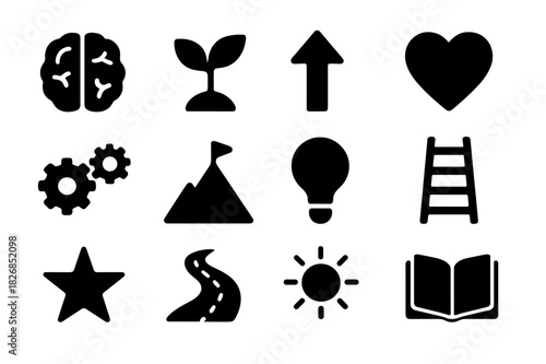 Mindset Icons Grid. Mindset development. Solid icon set of mindset development: brain, plant sprout, arrow up, heart, gears, mountain, light bulb, ladder,