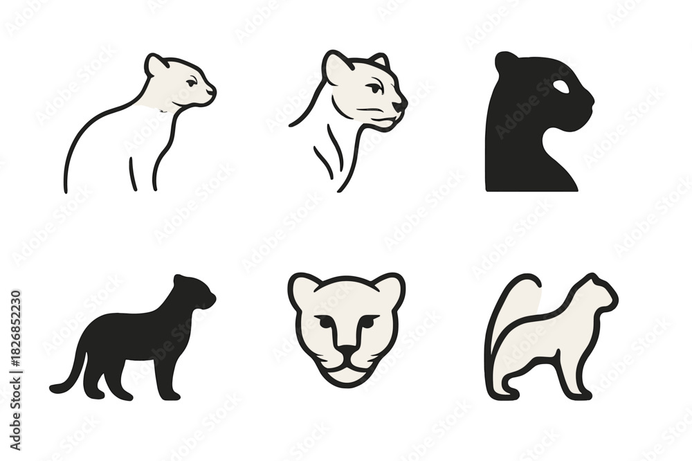 Naklejka premium Jaguarundi Logo Variations. Rainforest animals. Icon set. Set Logo of jaguarundi. harmonious logo variations of the same emblematic concept (Minimal outline,