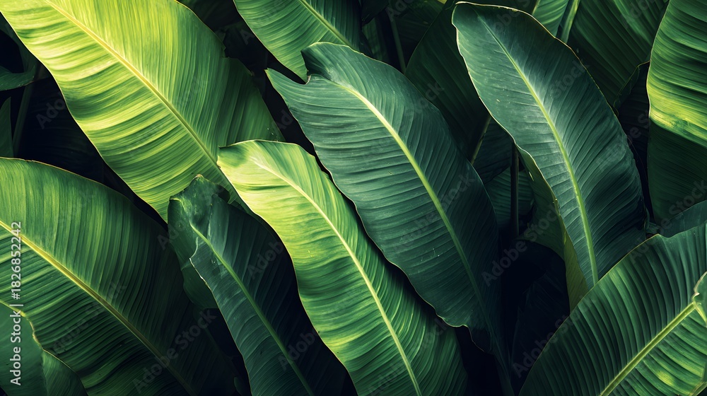 Obraz premium Lush green and yellow-streaked foliage fills the frame in a dense tropical display.