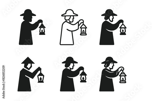 Pilgrim Icon Variations. Holy pilgrimage. Icon set. Set Logo of Holy pilgrimage: Pilgrim holding lantern. harmonious logo variations of the same emblematic