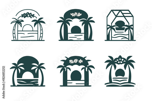 Wedding Logo Variations. Destination weddings and honeymoon destinations. Icon set. Set Logo of destination weddings: tropical beach ceremony. harmonious logo