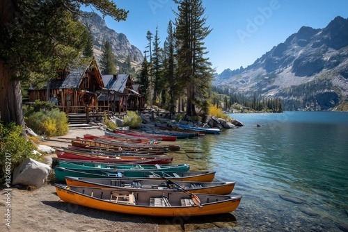 Colorful Canoes Rest on the Clear Water of a Tranquil Lake Surrounded by Tall...
