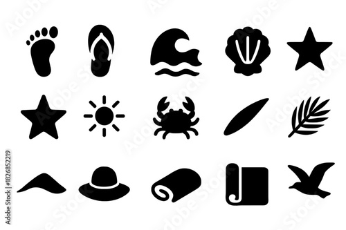 Beach Icons Set. Footprints in sand. Solid icon set of footprints in sand: foot, flip-flop, wave, shell, starfish, sun, crab, palm leaf, sand dune, hat, towel,