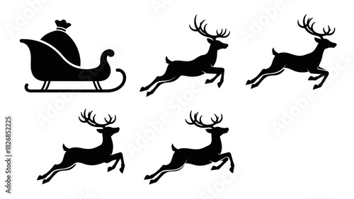 Santa's Sleigh Pulled by Reindeer Silhouette Illustration