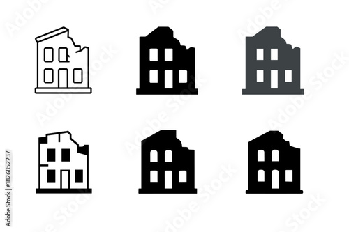 Abandoned Building Logos. Abandoned building. Icon set. Set Logo of abandoned building: crumbling facade. harmonious logo variations of the same emblematic