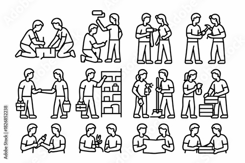 Home Project Icons. Home Project Teamwork. Line icon set of Home Project Teamwork: parents assembling furniture, parents painting, parents drilling, parents