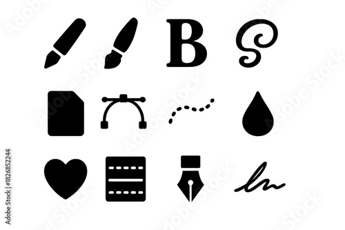 Lettering Icon Set. Lettering art. Solid icon set of lettering art: stylus pen, brush, letter B, swirl, paper, curve, dotted line, ink drop, heart, calligraphy