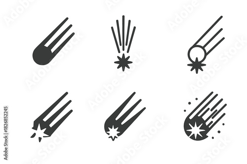 Meteor Shower Icons. Meteor shower. Icon set. Set Logo of meteor shower: Explosion of light from impact. harmonious logo variations of the same emblematic