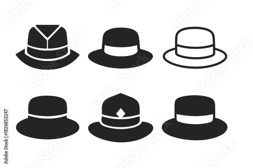 Stylish Summer Hat Logos. Summer hats. Icon set. Set Logo of summer hats: boater hat with band. harmonious logo variations of the same emblematic concept, each