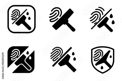Fingerprint Cleaning Logos. Wiping fingerprints off glass. Icon set. Set Logo of wiping fingerprints off glass: squeegee gliding across transparent surface.