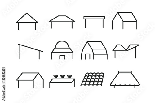 Roof Styles Icons. Roof Styles. Line icon set of Roof Styles: gable, hip, flat, mansard, shed, dome, gambrel, butterfly, saltbox, green roof, tile roof,