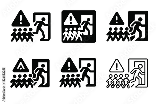Emergency Evacuation Icons. Emergency evacuation of large groups in high-risk environments. Icon set. Set Logo of emergency evacuation of large groups in