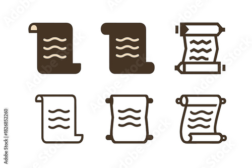 Storytelling Logo Designs. Cultural storytelling nights. Icon set. Set Logo of storytelling nights: scroll with narrative lines. harmonious logo variations of