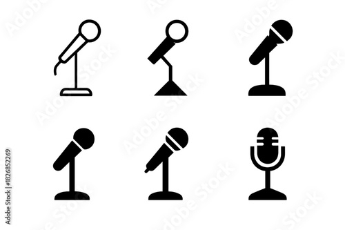 Karaoke Icon Variations. Karaoke events and competitions. Icon set. Set Logo of karaoke: microphone on stand. harmonious logo variations of the same emblematic
