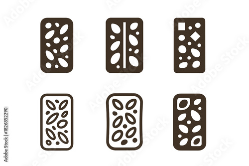Granola Bar Logos. Granola bars. Icon set. Set Logo of granola bars: bar with nuts and oats. harmonious logo variations of the same emblematic concept, each