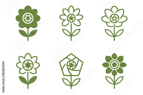 Nature Photoshoot Logos. May photoshoot in nature. Icon set. Set Logo of nature photoshoot: blooming flowers and lens. harmonious logo variations of the same