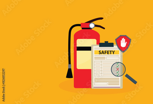Fire fighting checklist. Extinguisher and paper tablet with checkmarks. Document at clipboard. Firefighting safety. Flame prevention checklist page. Extinguishing guidance

