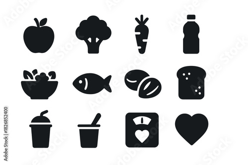Healthy Living Icons. Healthy habits. Solid icon set of healthy habits: apple, water bottle, clock, heart, yoga pose, shoe, sun, plant, bed, smiley, book,