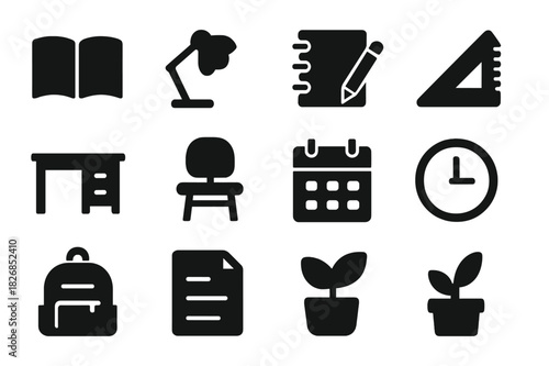 Study Desk Icons. Study desk. Solid icon set of study desk: open book, lamp, notebook, pencil, ruler, desk, chair, calendar, clock, backpack, paper, plant.