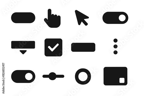 UI Icon Grid. Interactive UI elements. Solid icon set of interactive UI elements: button, hover hand, cursor, toggle, dropdown, checkbox, input field, drag