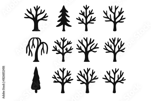 Winter Tree Icons. Winter trees. Solid icon set of winter trees: bare oak, bare pine, bare birch, bare maple, bare willow, bare cherry, bare elm, bare ash,