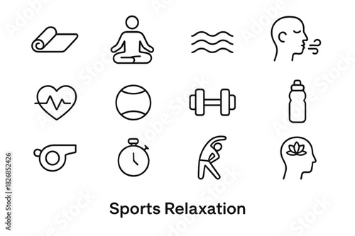 Sports Relaxation Icons. Sports Relaxation. Line icon set of Sports Relaxation: yoga mat, meditation pose, calm waves, breathing exercise, heart rate, gym