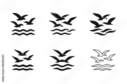 Seagull Logo Variations. Seagulls flying. Icon set. Set Logo of seagulls flying: Group of gulls above waves. harmonious logo variations of the same emblematic