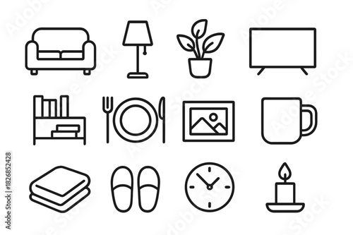 Home Life Icons. Home life. Line icon set of home life: couch, lamp, house plant, television, bookshelf, dinner plate, photo frame, coffee mug, blanket,