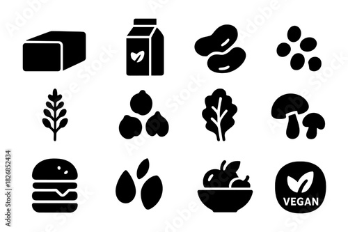 Plant-Based Icons. Plant-based diet. Solid icon set of plant-based diet: tofu block, soy milk, legumes, lentils, quinoa, chickpeas, kale, mushrooms,