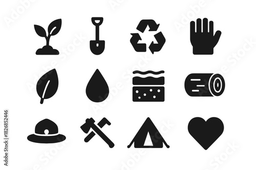 Forest Conservation Icons. Forest conservation. Solid icon set of forest conservation: tree sapling, shovel, recycling symbol, gloves, leaf, water droplet,