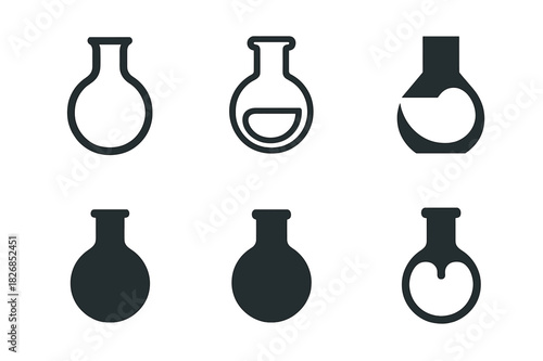 Minimalist Flask Logos. Flasks. Icon set. Set Logo of flasks: minimalist chemistry symbol. harmonious logo variations of the same emblematic concept, each with