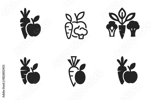 Raw Food Logo Variations. Raw. Icon set. Set Logo of raw: unprocessed fruits and vegetables. harmonious logo variations of the same emblematic concept, each
