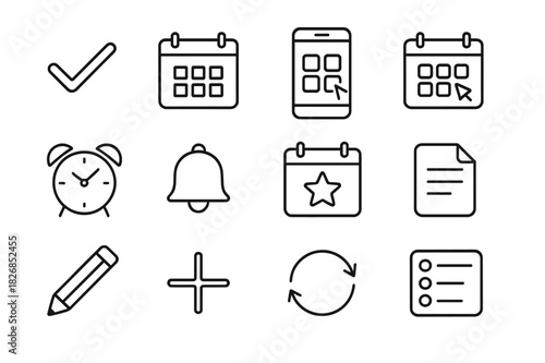 Calendar Organization Icons. Calendar Organization Set. Line icon set of Calendar Organization Set: checkmark, calendar app, smartphone, date selection, alarm