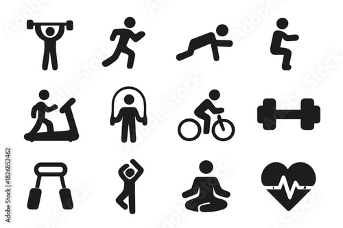 Exercise Icon Set. Exercise impact. Solid icon set of Exercise impact: lifting weight, running icon, push-up, squat, treadmill, jump rope, cycling, dumbbell,