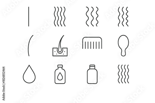 Hair Texture Icons. Hair textures. Line icon set of hair textures: straight hair, wavy hair, curly hair, coily hair, strand line, hair follicle,