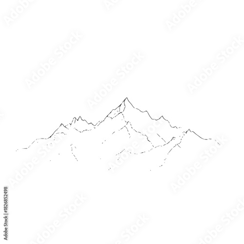 Minimalist black and white line drawing of a mountain range