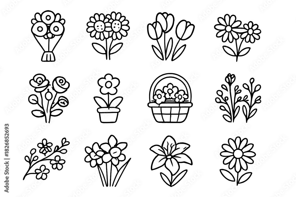 Obraz premium Fresh Flower Icons. Fresh Flowers. Line icon set of Fresh Flowers: bouquet, sunflowers, tulips, daisies, roses, potted plant, flower basket, wildflowers,