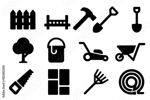 Outdoor Renovation Icons. Outdoor renovation. Solid icon set of outdoor renovation: fence, deck, hammer, shovel, tree, paint bucket, lawn mower, wheelbarrow,