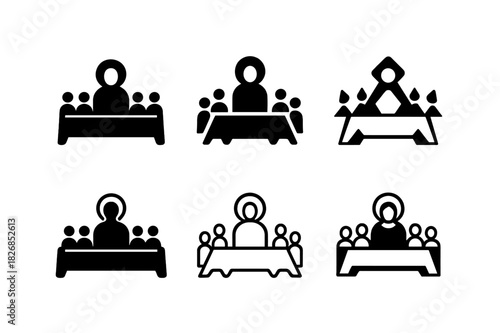 Last Supper Icons. Last Supper. Icon set. Set Logo of Last Supper: haloed figure at table center. harmonious logo variations of the same emblematic concept,