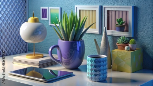 Contemporary home office desk with tablet, lamp, and green plants