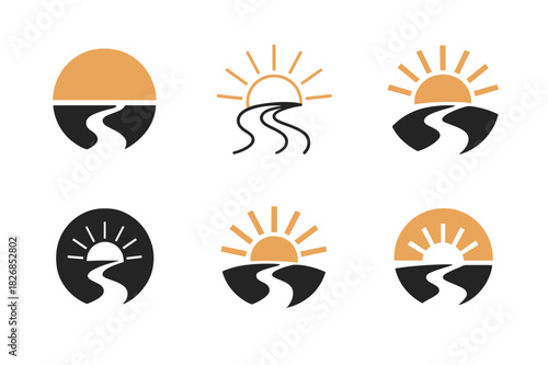 Therapeutic Logos. Therapeutic journeys. Icon set. Set Logo of Therapeutic journeys: Sunrise over winding road. harmonious logo variations of the