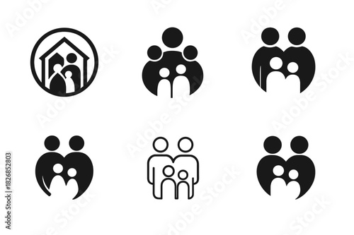 Unity Emblem Variations. Homeless family. Icon set. Set Logo of homeless family: unity circle of people. harmonious logo variations of the same emblematic