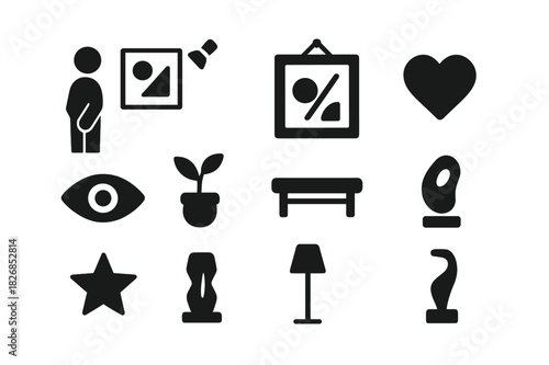Gallery Icons Collection. A gallery visitor admiring modern abstract art on the wall. Solid icon set of a gallery visitor admiring modern abstract art on the