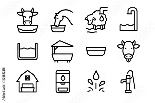 Farm Animal Hydration Icons. Farm animal hydration. Line icon set of farm animal hydration: cow at trough, horse drinking, sheep near water, refill pipe, water