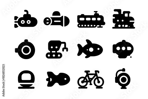Submarine Transport Icons. Submerged transportation. Solid icon set of Submerged transportation: mini-sub, sea scooter, underwater tram, ocean train, bubble