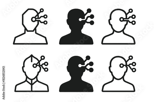 Transhumanism Tech Logos. Transhumanism and technology integration. Icon set. Set Logo of transhumanism and technology integration: Neural implant interface.