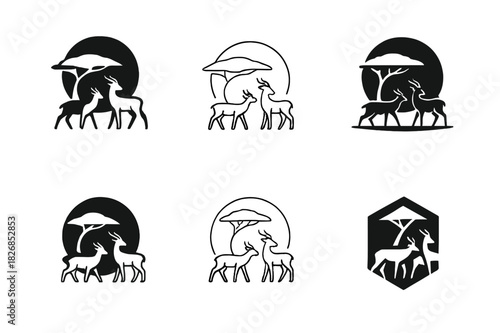 Savanna Icon Set. Savanna ecosystems. Icon set. Set Logo of Savanna ecosystems: Herd of antelope. harmonious logo variations of the same emblematic concept