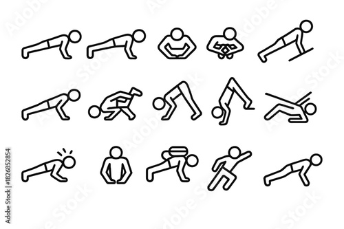 Push-Up Icon Grid. Push-Up Techniques Set. Line icon set of Push-Up Techniques Set: standard push-up, wide-arm push-up, diamond push-up, incline push-up,